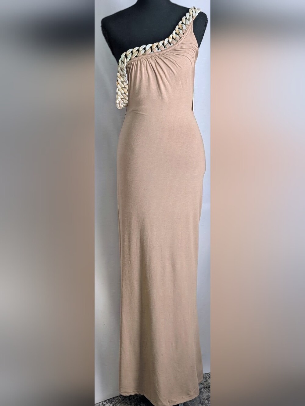 JLuxLabel NWT Nude Chain One Shoulder Maxi Dress